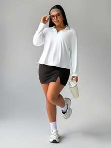 Rhythm Era Camisa polo de mujer con cuello de canalé, contraste de color, letra en V, ajuste slim, manga larga, casual, deportiva, para tenis, correr a diario, tallas grandes - Blanco - Ver 4