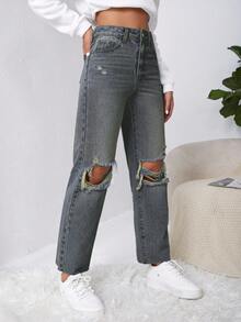 SHEIN EZwear Jeans rectos con pierna derecha, desgarrados y con corte crudo, estilo Y2K - Neblina azul - Ver 4