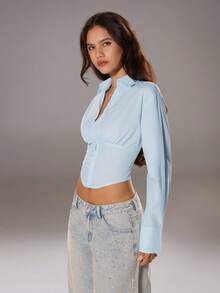 TRNVIE Blusa feminina azul claro com decote em V e botões, elegante para o trajeto diário e volta às aulas, manga comprida, outono
