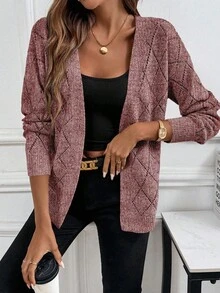 EMERY ROSE Casual Comfortable Hollow Diamond Pattern Cardigan For Women - Red - View 1