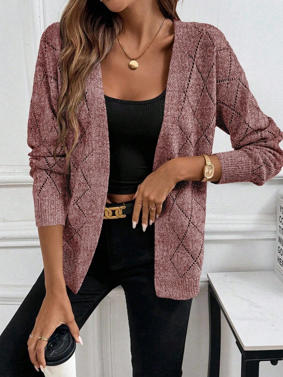 EMERY ROSE Casual Comfortable Hollow Diamond Pattern Cardigan For Women - Red - View 1
