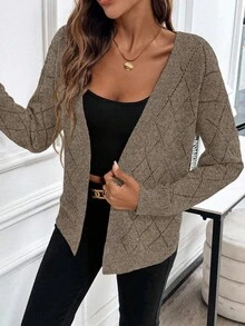 EMERY ROSE Casual Comfortable Hollow Diamond Pattern Cardigan For Women - Khaki - View 6