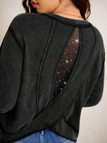 Elaquor 大码女式宽松休闲T恤，圆领，落肩，长袖，后幅网眼面料，仿珍珠装饰 - 黑色 - 查看 3