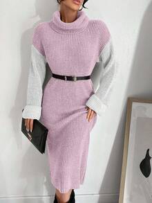 SHEIN Cottnline 女式休闲拼色高领针织连衣裙，秋冬 - 淺粉色 - 查看 5