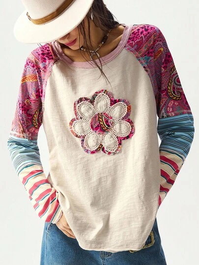 Bohemela Plus Size Women Floral Applique Round Neck Raglan Sleeve Casual Loose T-Shirt