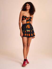 CAJUNI Women's Casual Beach Vacation Tropical Boho Style Colorful Parrot And Cashew Fruit Print Shorts