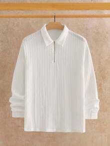 Manfinity NXTstreet 男士休闲提花针织拉链领长袖弹力 Polo 衫 - 白色 - 查看 6