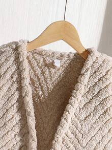 女童纹理提花面料披肩领仿皮草夹克，时尚高端优雅百搭小外套，白色花卉图案，秋冬 - 卡其色 - 查看 7