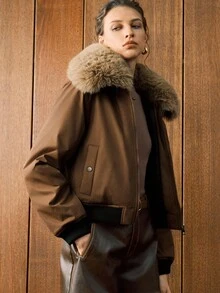 Arave 女式蓬松毛绒大衣领，可拆卸翻领设计，斜口袋，撞色袖口和螺纹袖口。女士秋装夹棉夹克，冬季服装，拉链女士冬季夹克，棕色夹克，女士外套，女士夹克，女士大衣