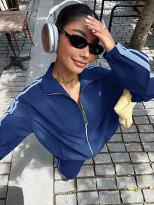 Muchica 女式条纹长袖青蓝色运动夹克和裤子休闲运动服套装 - 水鴨藍 - 查看 1