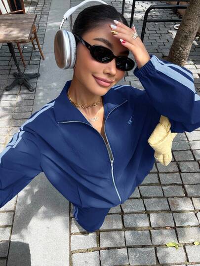 Muchica Conjunto de chaqueta y pantalones deportivos de rayas de manga larga de color azul verdoso para mujer