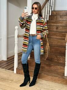 LanaWest Cardigan feminino de malha casual ocidental listrado multicolorido - Multicolorido - Ver 6