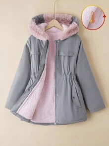 SHEIN 少女休闲百搭淑女粉色渐变色毛绒抽绳腰袋长款保暖棉服外套