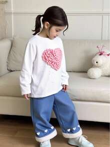 Genkimix Kids 2pcs/Set Young Girl 3D Heart Decor Crew Neck Long Sleeve Sweatshirt And Flare Pants Casual Outfit - Multicolor - View 6