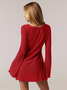 SHEIN Forever 21 1 chiếc váy tay loe thanh lịch màu trơn thường ngày dành cho nữ, mùa xuân/hè - Đỏ - Xem 2