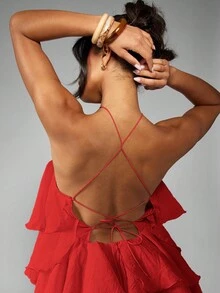 MISSGUIDED Organza Ruffle Tiered Mini Dress Halter Neck Flowy Party Evening Wedding Guest Bridesmaid Summer Holiday Reception Special Occasion - Red - View 4