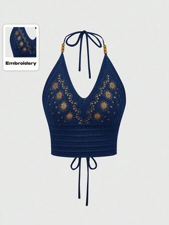 Hippie Embroidered Criss-Cross Backless Halter Neck Knit Top