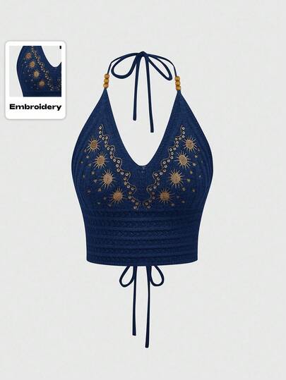 Hippie Embroidered Criss-Cross Backless Halter Neck Knit Top