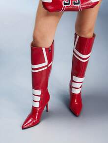 CUCCOO GRLICON Giày bốt cao đến đầu gối buộc dây mũi nhọn màu đen và trắng dành cho nữ, thời trang cho Giáng sinh, tiệc năm mới, đêm hẹn hò, thường ngày mùa xuân, Halloween, phong cách đua xe - Đỏ và trắng - Xem 4