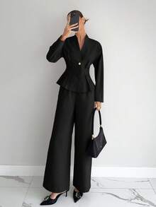 Siren Gaze 女式褶皱腰 V 领长袖衬衫和休闲直筒裤套装，女式两件套通勤、办公室、教师装 - 黑色 - 查看 3