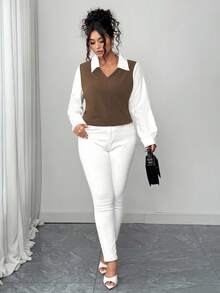 Elenzga 女士优雅通勤休闲简约时尚百搭舒适面料衬衫领长袖常规设计黑白加大码衬衫，适合春季、夏季、秋季 - 咖啡棕 - 查看 5