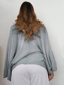 Auralis 秋季大码女式纯色蝙蝠袖扭纹休闲毛衣 - 灰色 - 查看 2