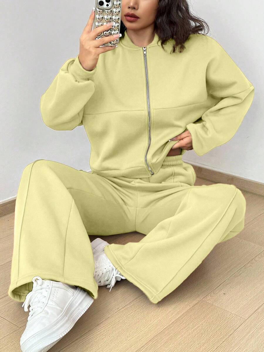Flirla Women's Solid Color Long Sleeve Zip-Up Baseball Collar Hoodie And Pants Casual 2 Pieces Set, Autumn - Light Yellow - View 1