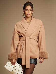 Silquee Elegant Solid Color Khaki Coat (With Belt), Autumn And Winter Women's Solid Color Fluffy Shawl Collar Long Sleeves Mid-Length Elegant Overcoat, Vintage Coat Winter And Autumn Women's Clothing Halloween Custom Women's Concert Costume Winter Women's Fur Coat Fashionable And Warm, Suitable For Parties And Outings - Khaki - View 1