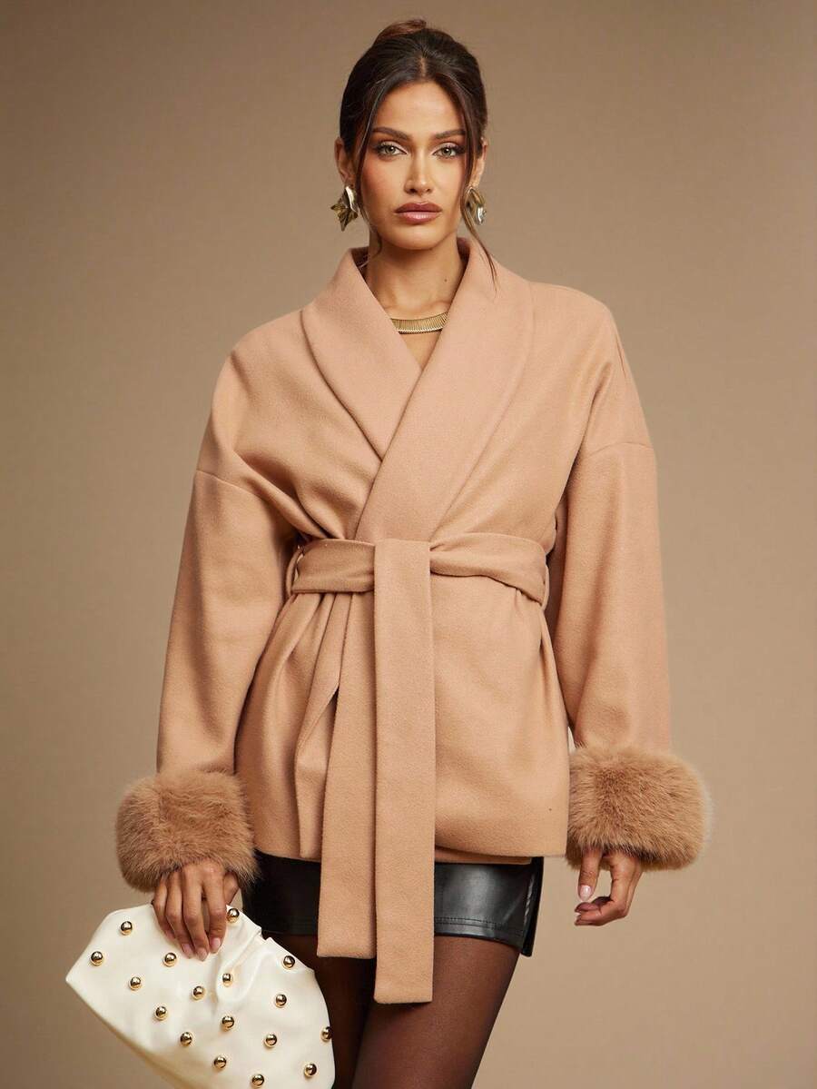 Silquee Elegant Solid Color Khaki Coat (With Belt), Autumn And Winter Women's Solid Color Fluffy Shawl Collar Long Sleeves Mid-Length Elegant Overcoat, Vintage Coat Winter And Autumn Women's Clothing Halloween Custom Women's Concert Costume Winter Women's Fur Coat Fashionable And Warm, Suitable For Parties And Outings - Khaki - View 1