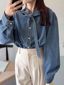 FRIFUL 女式长袖系带领单排扣休闲牛仔衬衫、牛仔夹克、秋季女装 - 藍色 - 查看 4