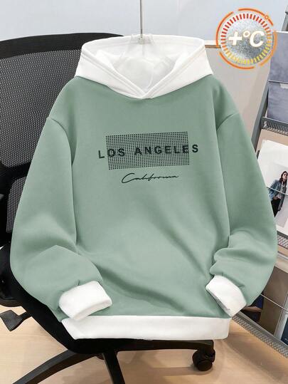 SHEIN Teen Boy Casual Patchwork Contrast Color Sweatshirt, Grey & Navy Blue, English Print, Thermal Lined, Versatile & Everyday Wear, Autumn/Winter