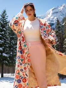 SHEIN VCAY Plus Size Women's Apricot Floral Print Hooded Long Sleeve Long Cardigan, Thermal Lined Casual Winter Ski Travel Cotton Jacket With Pockets Fall Clothes For Women , Autumn Clothes Women's Winter Coat Women's Winter Jacket, Zip Up Hooded For Women Winter Snow Coat