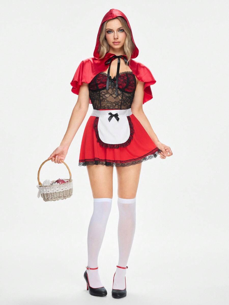 ROMWE Avant 4pcs Halloween Cosplay Mushroom Girl Cloak Set, Lace & Satin Patchwork Bowknot Decor Wireless Bra Costume - Multicolor - View 1