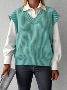 SHEIN Cottnline Solid Color V-neck Knit Vest Without Shirt Inside - Cadet Blue - View 5