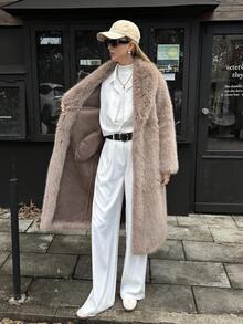 Elyressa Women's Faux Fur Collar Long Coat Jacket - Brown - View 9
