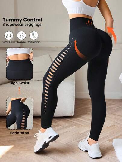 SHEIN Sports Leggings sin costuras de cintura alta y ajuste delgado, versátiles y con diseño hueco, para fitness y deportes