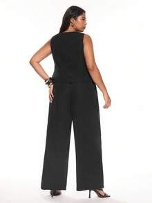 SHEIN EZwear 大码女士黑色背心裤套装，秋冬季商务休闲女装 - 黑色 - 查看 3
