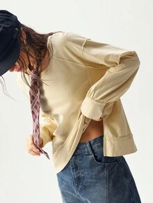 Bohemela 女式休闲纯色针织圆领长袖宽松运动衫，秋季 - 黃色 - 查看 6