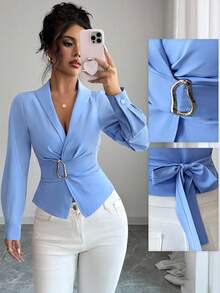 Elenzga Plus Size V-Neck Elegant Tie-Waist Long Sleeve Shirt - Blue - View 1