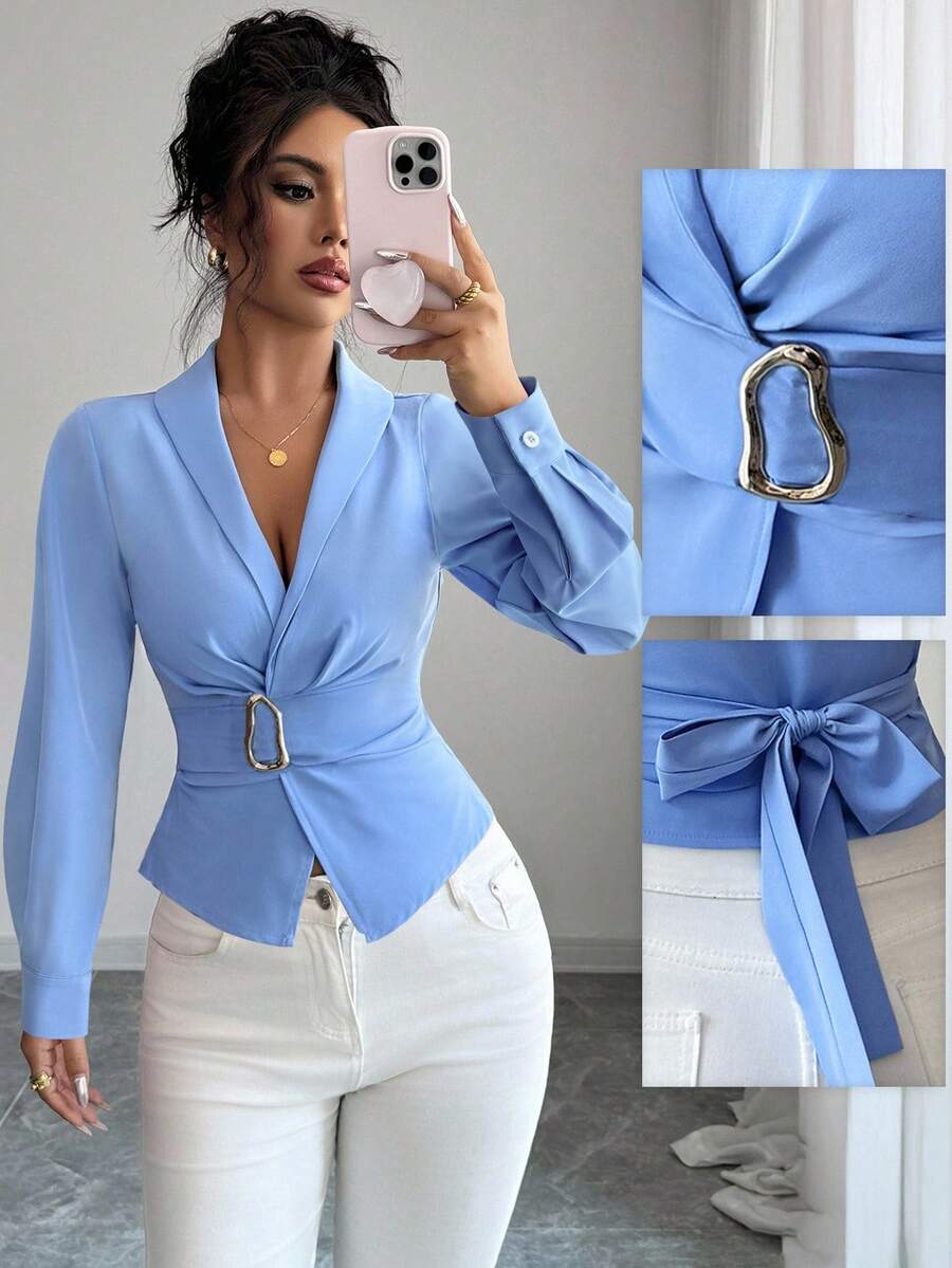 Elenzga Plus Size V-Neck Elegant Tie-Waist Long Sleeve Shirt - Blue - View 1