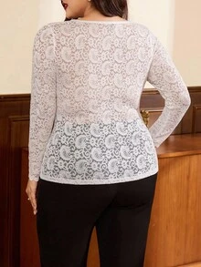 SHEIN Clasi Damen Große Größen Lässig Weiß Langarm Spitzen T-Shirts - Weiss - Übersicht 2