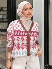 DAZY Cárdigan de punto holgado de manga larga con estampado de cuadros de colores contrastantes, estilo retro y casual para mujer, moda modesta de otoño/invierno - Marrón - Ver 5