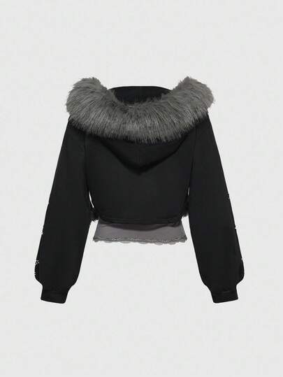 Fairycore Ensemble de sweat-shirt à capuche et gilet rétro Y2K avec patchwork de strass pour femmes