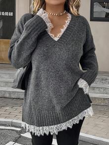 EMERY ROSE 1 pièce Femmes Pullover élégant à manches longues avec encolure en V et garniture en dentelle, épaules tombantes, grande taille - Gris - Voir 5