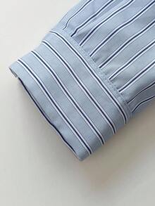 Elamini 1 pieza Camisa de mujer casual de manga larga con botones, estampado de rayas y bordado, estilo minimalista para uso diario, primavera/otoño - Azul - Ver 9