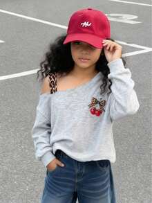 Áo len dệt kim mùa thu/đông cho bé gái, chất liệu vải xám, vai lệch, tay dài, dây đeo in họa tiết da báo, nơ phía trước, họa tiết hoa anh đào dập nổi, thích hợp mặc thường ngày, đi du lịch ngoài trời, dự tiệc. - Xám - Xem 3