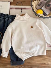 SHEIN 1 Piece Young Boy Leisure College Comfortable Fashion Simple Practical All-Match With Half Door Lapel Stripe Soft Comfortable Thick Warm Sweater Suitable For Outdoor Play Suitable For School Back To School Daily Suitable For School Suitable For Travel Suitable For Sports Suitable For Spring Autumn And Winter Boys Turtleneck Sweater Boys Winter Sweater - Apricot - View 4