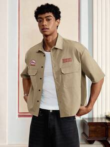 SWAVVY Men's Fashion College Style Button-Down Short Sleeve Shirt - Khaki - View 5