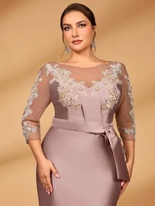 Serin Plus Size Autumn And Winter Elegant Gorgeous Luxury Lotus Pink Sequin Embroidery Stitching Satin Bow See-Through Long Sleeve Fishtail Skirt Suitable For Applique Design Suitable For Wedding Events Bachelorette Party Holiday Dance Dinner Bride Mother Evening Dress Guest Dress