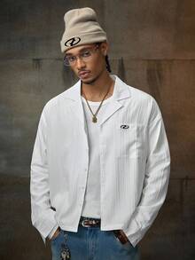 AXEPEAK 男士口袋设计波浪条纹长袖休闲衬衫，秋季款 - 米色 - 查看 4